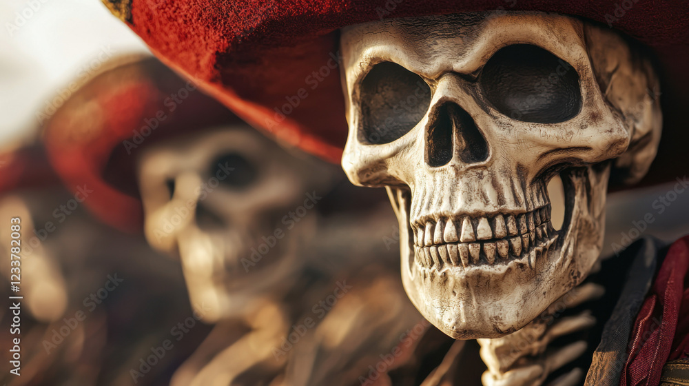 Three skeletal figures adorned with large red hats, capturing a macabre yet festive atmosphere, reminiscent of Day of the Dead celebrations. Three skeletal figures adorned with large red hats, capturing a macabre yet festive atmosphere, reminiscent of Day of the Dead celebrations.