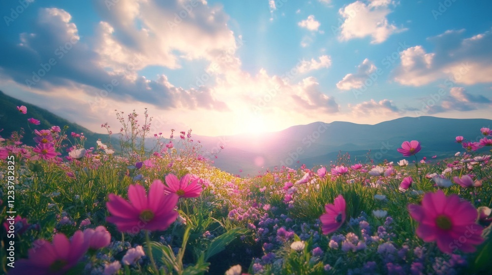 Fototapeta premium Vibrant Cosmos Flowers Bloom In Sunset Mountain Meadow