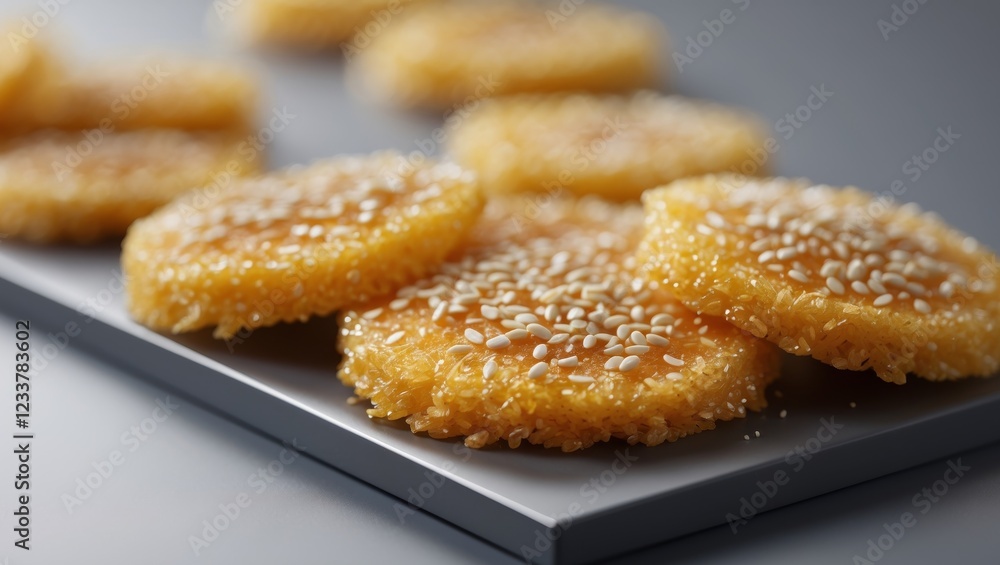 Close up view of golden fried rice cakes topped with white sesame seeds on display Close up view of golden fried rice cakes topped with white sesame seeds on display