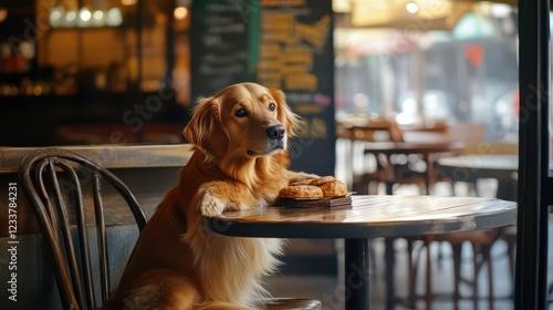 A nice golden-colored dog sits at a café table, enjoying tasty food. photo