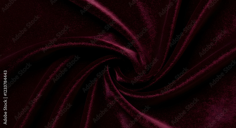 Obraz premium 고급스러운 레드 와인빛깔의 벨벳 비단 융단 커튼 천 소재의 주름이 잡혀있는 연출의 곡선형 소재 재료 배경 사진