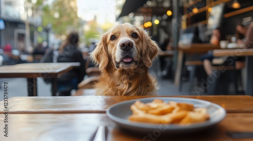 A nice golden-colored dog sits at a café table, enjoying tasty food. photo