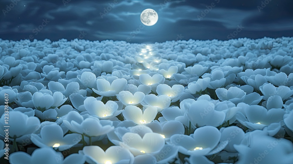 Obraz premium A trail of flower petals glowing softly in the moonlight, forming a path to the unknown.