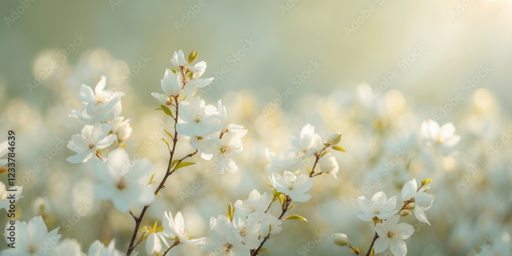 Dreamy field of white blossoms in soft green and cream hues. Dreamy field of white blossoms in soft green and cream hues.