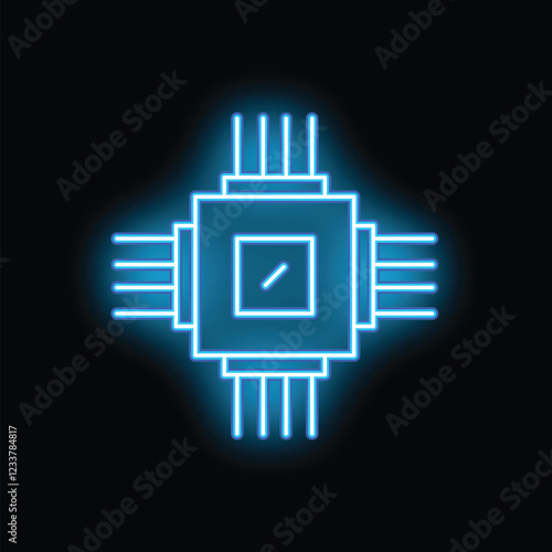 Blue neon cpu microchip icon glowing on a black background, representing concepts like technology, computing, and processing power