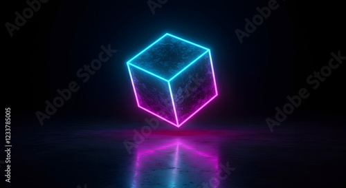 가상현실 네온사인 큐브 공간 사이버펑크 큐브 게임 반사 어두운 화면