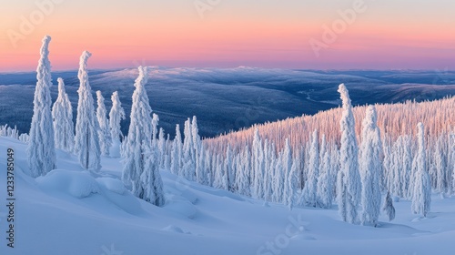 A picturesque snow-covered landscape at sunrise, featuring frozen trees against a pink and blue sky. photo