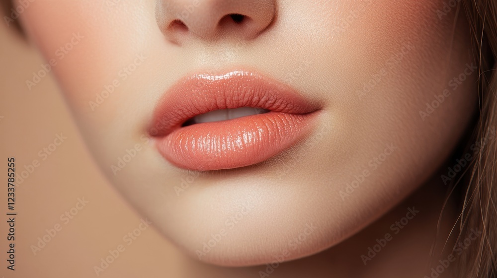 Fototapeta premium Close-up of a person's lips with a soft peach-toned lipstick.