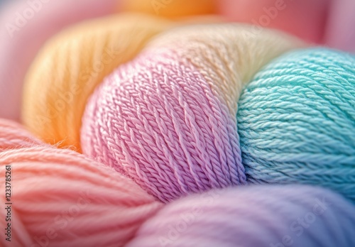 Pastel colored yarn balls and knitted fabric are paired with a soft golden bokeh, creating a warm, inviting scene. photo