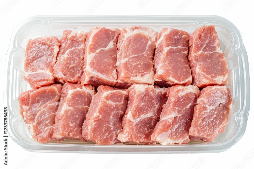 Freshly cut pork bacon strips in a transparent package, emphasizing their marbling and quality on a clean white surface. Freshly cut pork bacon strips in a transparent package, emphasizing their marbling and quality on a clean white surface.