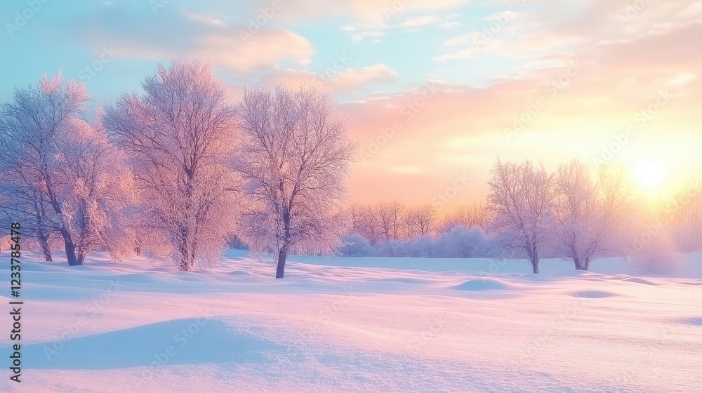 A picturesque snow-covered landscape at sunrise, featuring frozen trees against a pink and blue sky. A picturesque snow-covered landscape at sunrise, featuring frozen trees against a pink and blue sky.