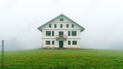 Wallpaper Mural A solitary white house surrounded by fog, nestled in a lush green field, creates a mysterious and serene atmosphere. Torontodigital.ca
