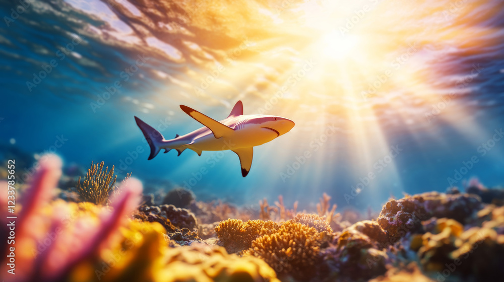 Obraz premium Vibrant Underwater Scene with Shark Swimming Amidst Colorful Coral Reefs and Sunlight Rays