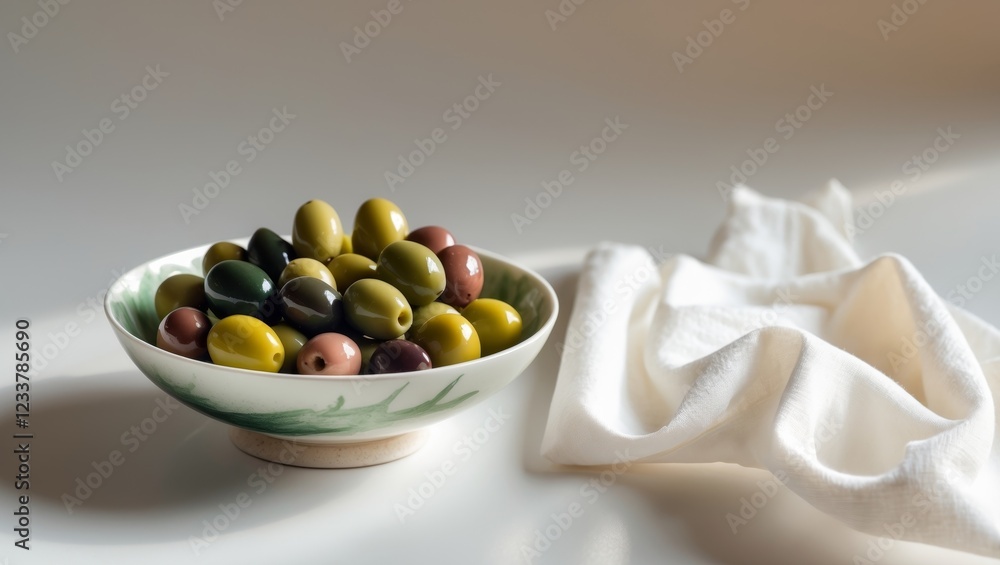 Bowl of assorted olives on a white surface with a folded napkin beside it. Bowl of assorted olives on a white surface with a folded napkin beside it.