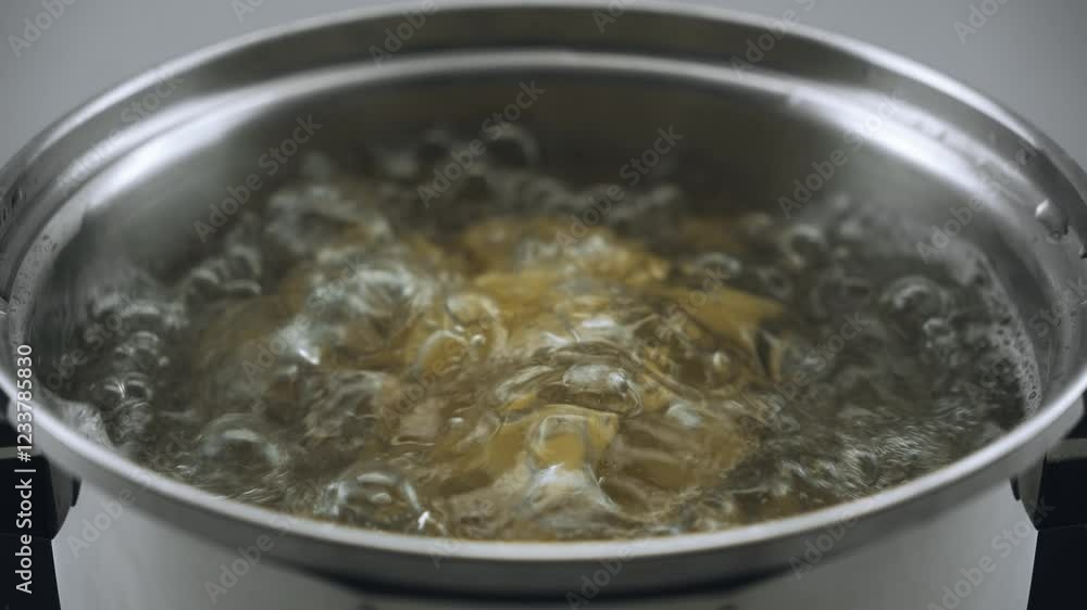 Yellow pasta is boiled in boiling water in a steel pan. 4k video. View from above. Yellow pasta is boiled in boiling water in a steel pan. 4k video. View from above.