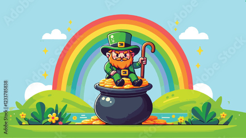 Pot of Gold Guarded by a Leprechaun, A mischievous leprechaun sitting atop a pot of gold, holding a wooden cane and smirking. Behind the leprechaun is a bright rainbow and rolling green hills 