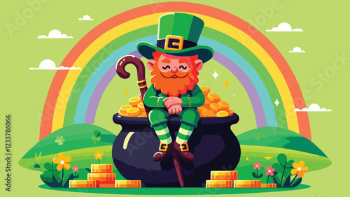 Pot of Gold Guarded by a Leprechaun, A mischievous leprechaun sitting atop a pot of gold, holding a wooden cane and smirking. Behind the leprechaun is a bright rainbow and rolling green hills 