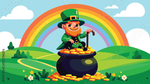 Pot of Gold Guarded by a Leprechaun, A mischievous leprechaun sitting atop a pot of gold, holding a wooden cane and smirking. Behind the leprechaun is a bright rainbow and rolling green hills 