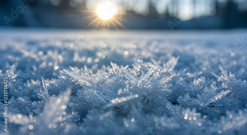 차가운 바닥에 쌓여있는 하늘빛깔이 감도는 흰색의 눈 결정이 뽀족하고 세밀하게 보이는 겨울 풍경 배경 노을 햇살 나무 자연 밖 실외 사진