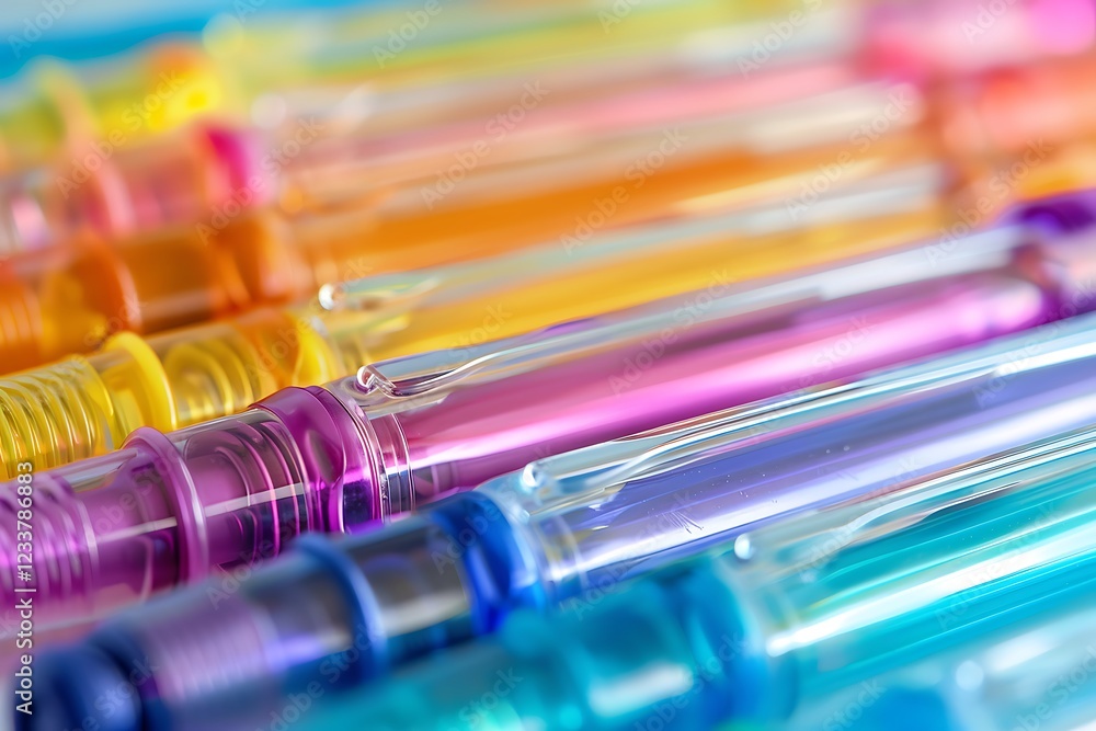 Fototapeta premium Close up of colorful pens with reflection on glass surface