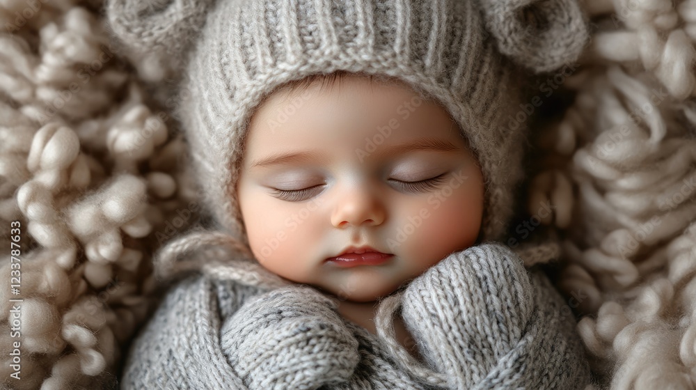 Caucasian newborn baby close up, wrapped snugly in a swaddle with adorable mittens and hat. Soft expression, birth of new life. Caucasian newborn baby close up, wrapped snugly in a swaddle with adorable mittens and hat. Soft expression, birth of new life.