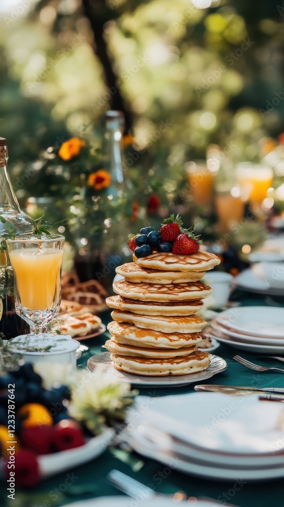 Naklejka premium Delicious Pancakes Stacked High With Berries Outdoors