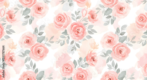 수채화 스타일의 파스텔 묽은 물감으로 그린 장미꽃과 채도가 빠진 잎 반복적인 꽃 패턴 벽지 화사한 벽 배경