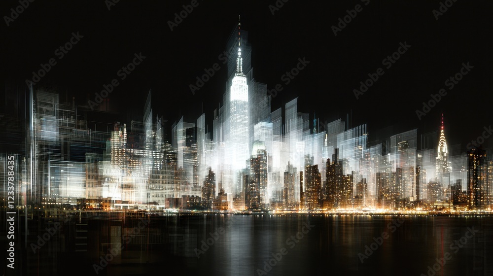 Obraz premium Dynamic financial charts illuminating new york skyline vibrant double exposure urban nightscape business visualization