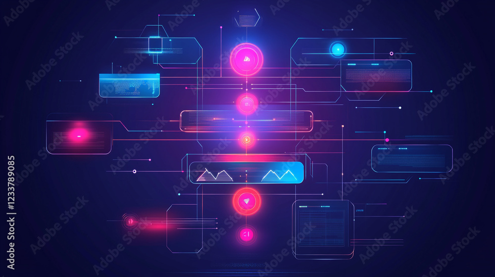 Abstract Digital Network of Cubes with Glowing Lines, Abstract blue background with geometric shapes. Futuristic Technology Abstract Digital Network of Cubes with Glowing Lines, Abstract blue background with geometric shapes. Futuristic Technology