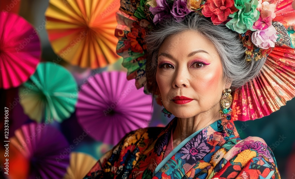 Naklejka premium Woman adorned in floral outfits pose against a handcrafted flower setting, reflecting a vibrant blend of art, nature, and fashion.