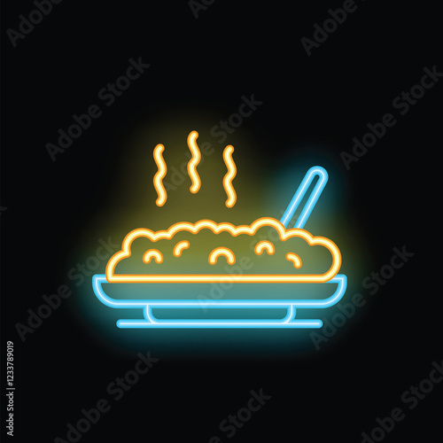 Neon sign depicting steaming hot food on a plate with a fork, glowing brightly against a dark background