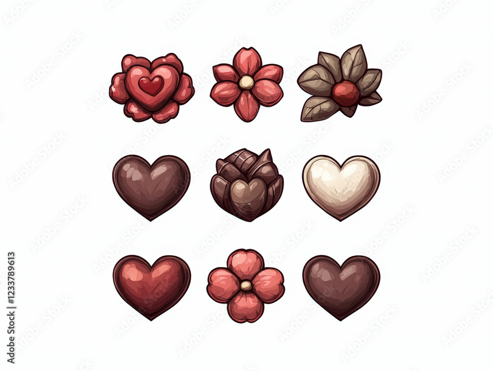 Fototapeta premium Valentine chocolates arranged in floral and heart shapes, evoking romance
