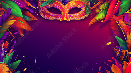 Barranquilla Carnaval banner with neon red, green and purple gradient background, large carnival mask iconography with colorful feathers in the center