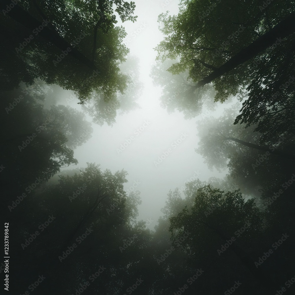 Naklejka premium Mysterious foggy woods enchanted forest nature ethereal atmosphere low angle shot soft diffused light