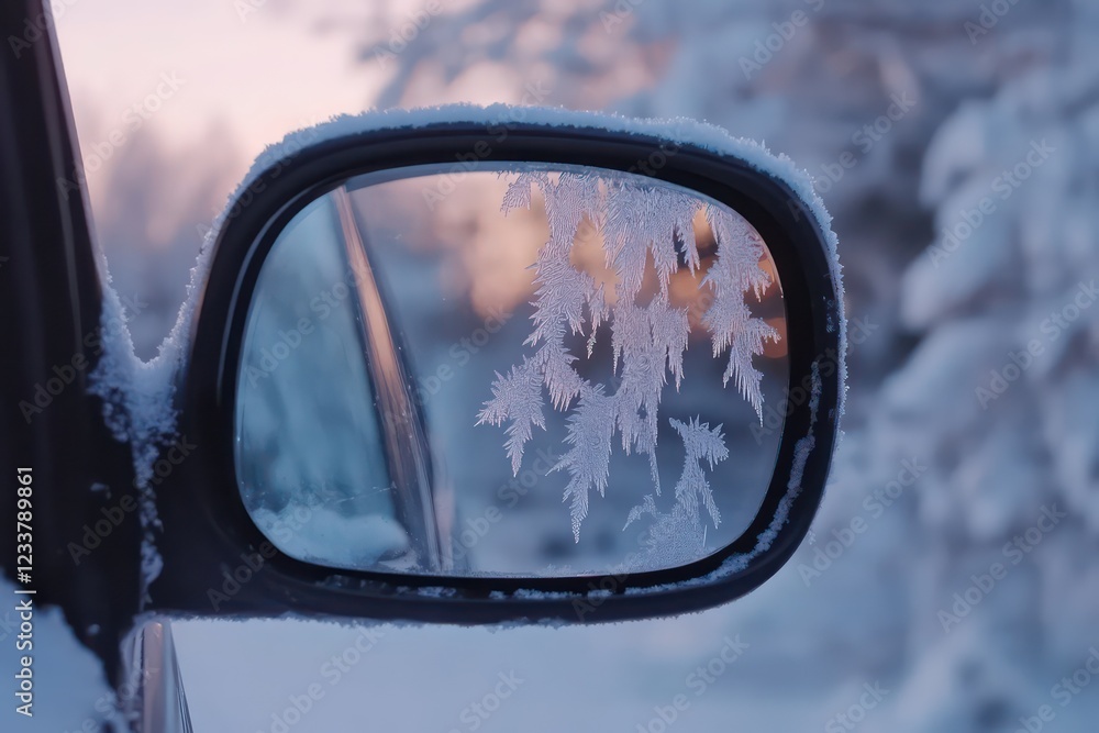 An icy car side mirror with detailed frost patterns and soft bokeh of snow-covered trees. An icy car side mirror with detailed frost patterns and soft bokeh of snow-covered trees.