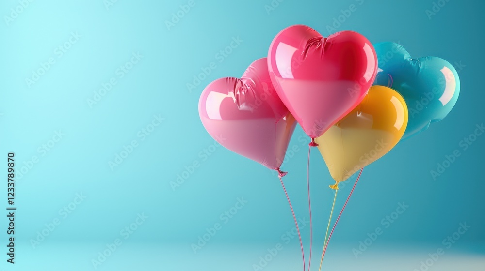 A vibrant arrangement of heart-shaped balloons in shades of red, yellow and turquoise on a turquoise background, perfect for adding a touch of romance to any celebration or party. A vibrant arrangement of heart-shaped balloons in shades of red, yellow and turquoise on a turquoise background, perfect for adding a touch of romance to any celebration or party.