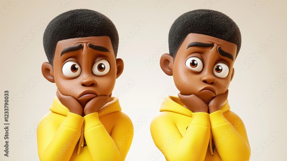 Fototapeta premium A 3D sad, stressed, and upset cartoon African boy transitioning to a young adult man, depicted in a yellow hoodie, representing a range of emotional struggles.