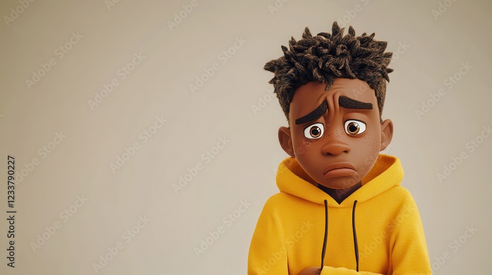 Obraz premium A 3D sad, stressed, and upset cartoon African boy transitioning to a young adult man, depicted in a yellow hoodie, representing a range of emotional struggles.