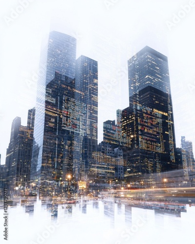 Double exposure of modern architecture with glowing trading charts in urban environment aesthetic viewpoint for business insights