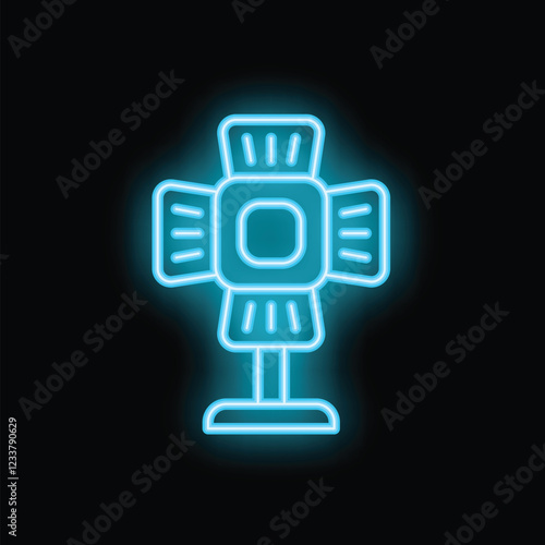 Blue neon sign representing a studio light standing on a tripod, on a black background, ideal for illustrating photography, videomaking or streaming