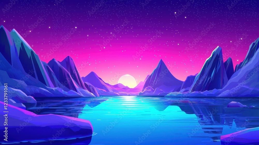 Fototapeta premium Surreal Purple Mountains Reflecting In A Calm Blue Lake At Night
