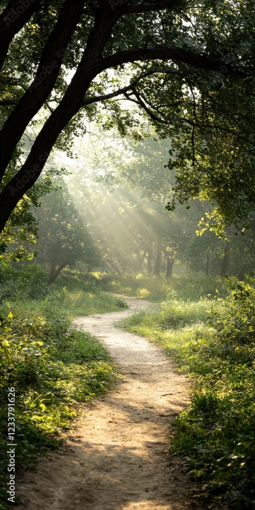 Obraz premium Nature therapy in a lush forest path at golden hour wide shot capturing connection and serenity