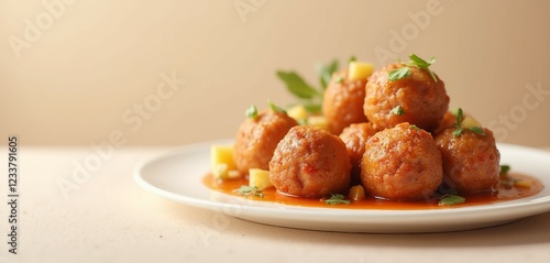 Iowa Ham Balls with Sweet Sauce and Pineapple on a White Plate
