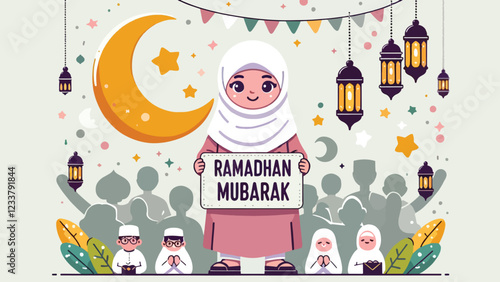 Ramadhan Mubarak Greeting, A character wearing traditional attire (e.g., a hijab and a kufi cap) holding a 'Ramadhan Mubarak' banner, surrounded by crescent moons, stars, and colorful lanterns