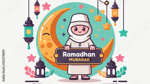 Ramadhan Mubarak Greeting, A character wearing traditional attire (e.g., a hijab and a kufi cap) holding a 'Ramadhan Mubarak' banner, surrounded by crescent moons, stars, and colorful lanterns