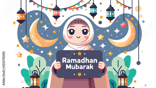 Ramadhan Mubarak Greeting, A character wearing traditional attire (e.g., a hijab and a kufi cap) holding a 'Ramadhan Mubarak' banner, surrounded by crescent moons, stars, and colorful lanterns