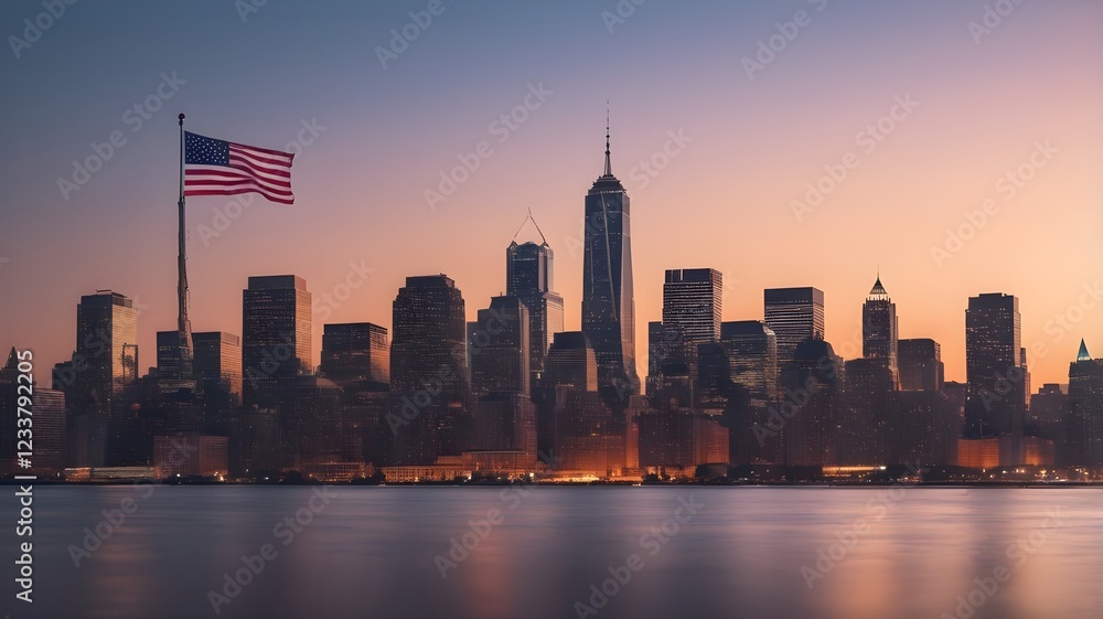Obraz premium A stunning city skyline at dusk with American flags waving in the foreground, soft bokeh lights, and copy space. For Presidents' Day. 