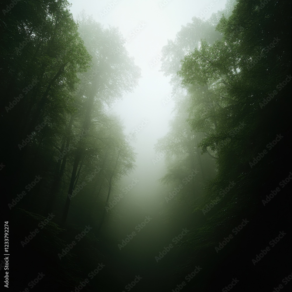 Naklejka premium Ethereal foggy woods scene enchanted forest nature soft diffused light low angle view mystical atmosphere