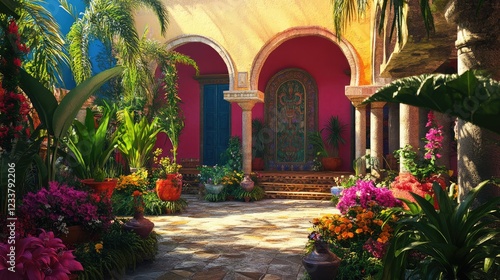 Lush courtyard of a colonial hacienda with vibrant colors