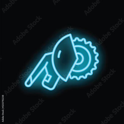 Neon icon of angle grinder with protective cover glowing on dark background